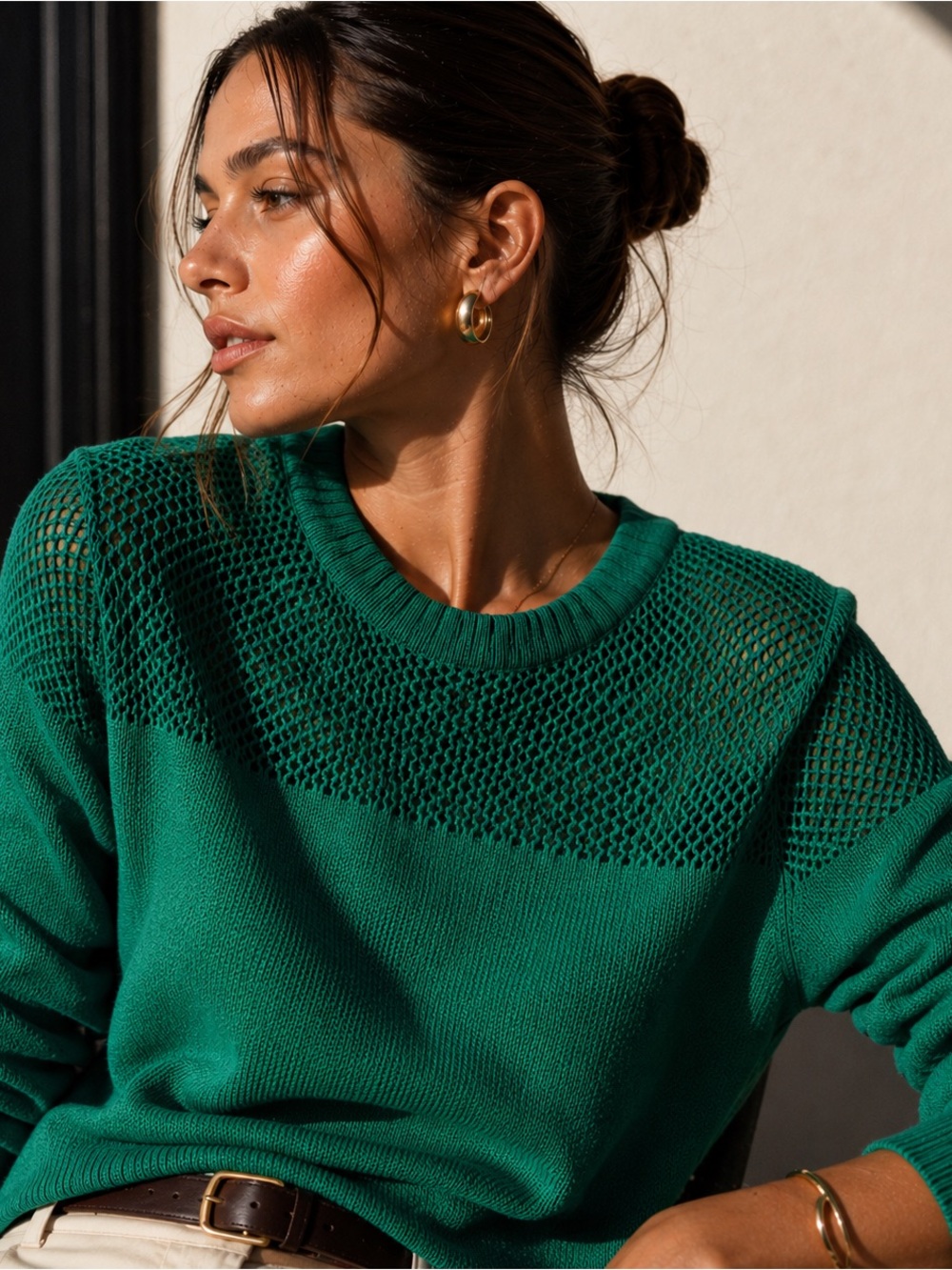 The Limited Kelly Green Textured Yoke Sweater Size S Lightweight Crewneck Knit